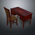 Vintage Wooden Desk With Storage Drawers And Matching Woven Seat Chair