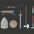 Various Medieval Fantasy Weapons Collection Including Bow Sword Axe Dagger Shield And Helmet 3d model