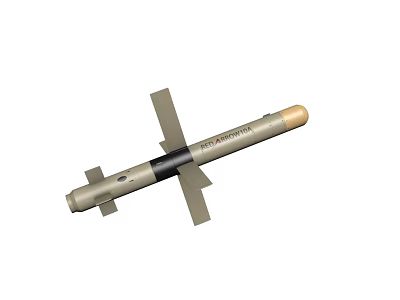 Military Missile With Cross Shaped Fins And Golden Tip Cylindrical Body 3d model