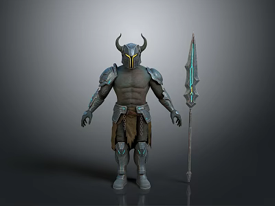 Detailed 3D Warrior Figure With Horned Helmet Armor Leg Guards And Glowing Spear 3d model