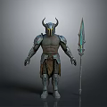 Detailed 3D Warrior Figure With Horned Helmet Armor Leg Guards And Glowing Spear