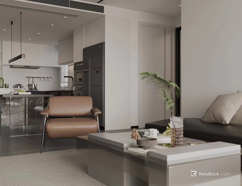 Modern Living Dining Room Interior Design With Sofa Coffee Table And Dining Chairs 3d model