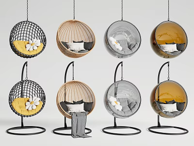Stylish Hanging Chairs in Rattan Metal Mesh Designs with Cushions and Flowers 3d model