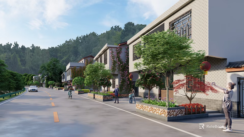 Traditional Rural Street With Old Buildings Green Trees Pedestrians And Red Lanterns 3d model 