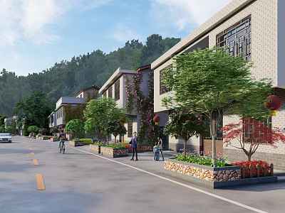 Traditional Rural Street With Old Buildings Green Trees Pedestrians And Red Lanterns 3d model
