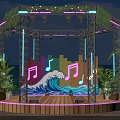 Beachside Stage With Neon Lights Wave Pattern Music Notes And Palm Trees