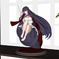 Anime Figure With Long Purple Hair White Red Outfit On Swirl Base By Green Plant