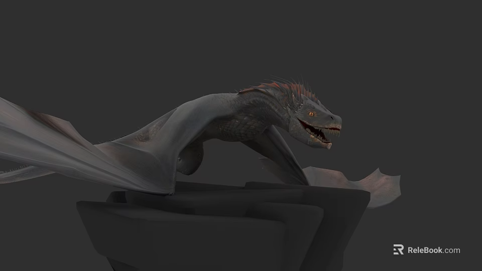 Game Movie Character 3D Dragon Model With Gray Body Red Mane Open Wings On Rock 3d model 