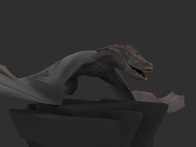 Game Movie Character 3D Dragon Model With Gray Body Red Mane Open Wings On Rock 3d model