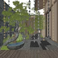 Japanese Style Garden Courtyard with Bonsai Pine Tree Stone Lantern Water Basin and Wooden Deck