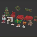 Christmas Themed Furniture Collection With Red Sofa Armchair Tree Wreath And Gifts