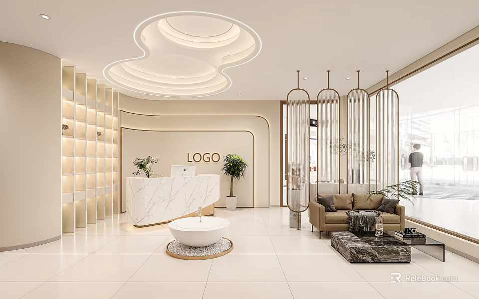Modern Beauty Hair Salon Interior With Open Space Marble Counter Sofa And Elegant Lighting 3d model 