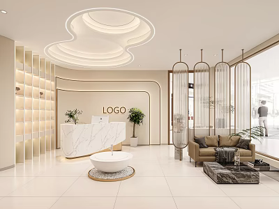 Modern Beauty Hair Salon Interior With Open Space Marble Counter Sofa And Elegant Lighting 3d model
