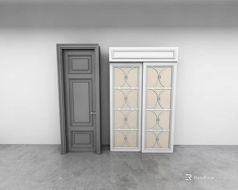 Modern Dark Gray and White Swing Doors with Glass Panel Patterns in Minimalist Space 3d model 
