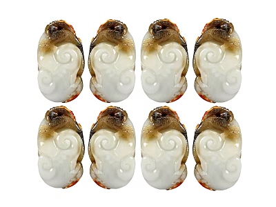 Eight Ornamental White and Brown Jade Carvings With Curved Spiral Patterns Design 3d model