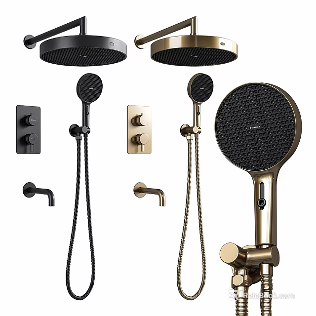 Shower Faucet in Black and Gold with Rain Shower Head Handheld Sprayer and Control Knobs 3d model 