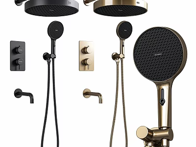 Shower Faucet in Black and Gold with Rain Shower Head Handheld Sprayer and Control Knobs 3d model