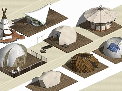 Various Tent Styles with Dome Tepee and Unique Designs on Wooden Decks and Stairs 3d model
