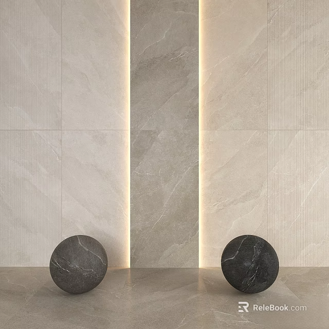 Modern Kitchen Wall Component With Light Colored Tiles Dark Vertical Strip And Black Stone Spheres 3d model 