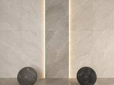 Modern Kitchen Wall Component With Light Colored Tiles Dark Vertical Strip And Black Stone Spheres 3d model