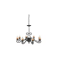 Vintage Wrought Iron Chandelier Featuring Candle Lights Crystal Pendants and Ornate Scrollwork
