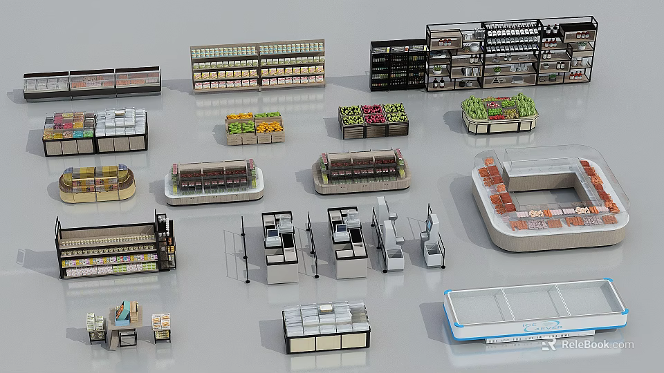 Supermarket Retail Layout With Various Shelves Fruit Vegetable Sections Refrigerated Displays And Checkout Counters 3d model 