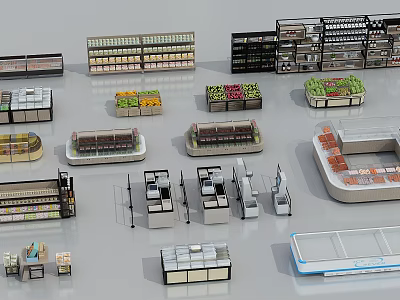Supermarket Retail Layout With Various Shelves Fruit Vegetable Sections Refrigerated Displays And Checkout Counters 3d model
