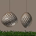 Hanging Woven Lanterns Illuminated With Patterned Design And Green Plants Below 3d model