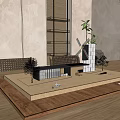 Decorative Ornament Set with Architectural Model Wooden Platform Woven Chairs Bookshelf Plant Windmill and Vase