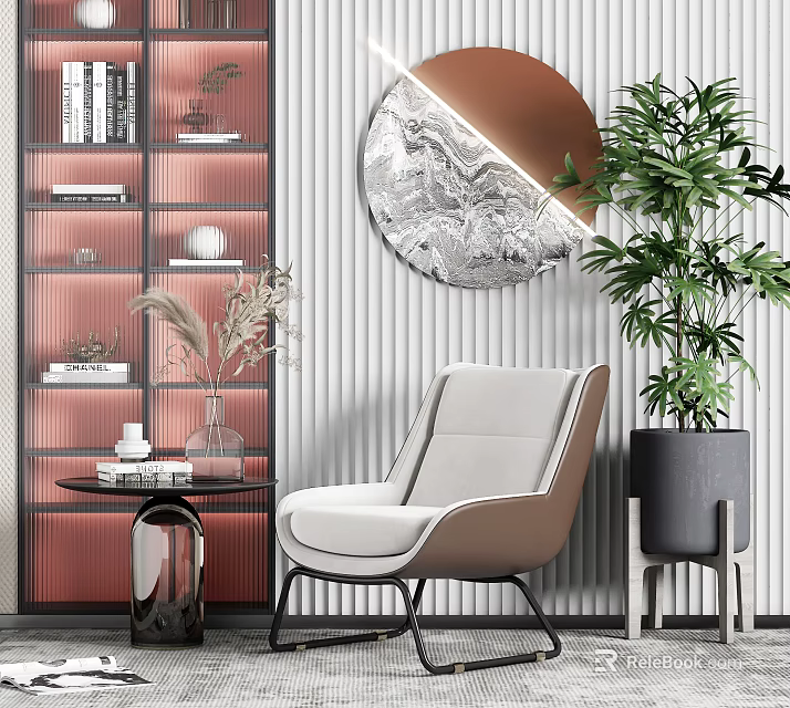 Modern Single Sofa Living Space With Round Mirror Potted Plant And Bookshelf 3d model 