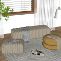 Beige Velvet Ottomans of Various Shapes in Living Room with Blanket Magazine Plant and Window