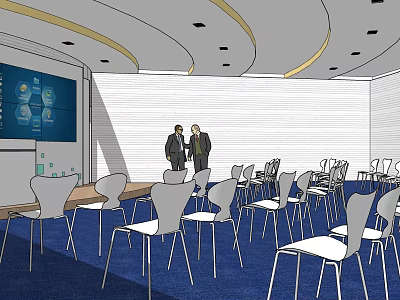Modern Conference Room Interior With Large Screen Tables Chairs Blue Carpet And Ceiling Design 3d model