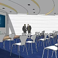 Modern Conference Room Interior With Large Screen Tables Chairs Blue Carpet And Ceiling Design