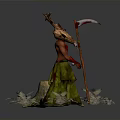 Red Skinned Figure With Antlered Head Holding Scythe On Circular Base With Fallen Leaves Plants