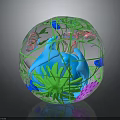Colorful Marine Animals Inside Transparent Sphere With Green Plants And Decorative Elements