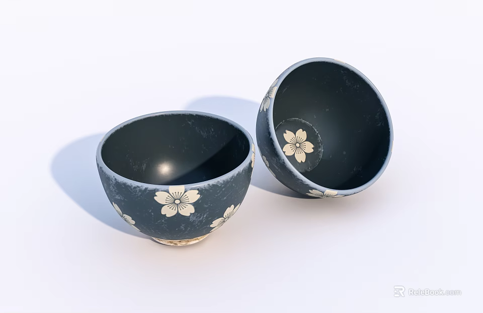 Stylish Black Ceramic Bowl Set With White Cherry Blossom Floral Patterns 3d model 