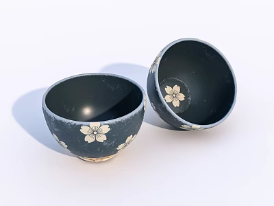 Stylish Black Ceramic Bowl Set With White Cherry Blossom Floral Patterns 3d model
