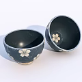 Stylish Black Ceramic Bowl Set With White Cherry Blossom Floral Patterns