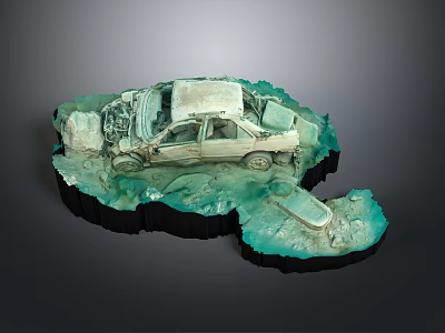 Damaged Car Sculpture Model With Open Hood On Turquoise Terrain Base 3d model