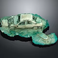 Damaged Car Sculpture Model With Open Hood On Turquoise Terrain Base