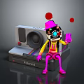 Cartoon Character With Pink Hat Holding Electronic Device Next To Polaroid Camera