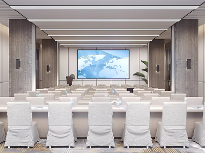 Modern Conference Room Interior Design With Large Screen World Map And Neatly Arranged White Chairs 3d model
