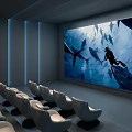 Modern Cinema Interior With Gray Walls Blue Strip Lights And Comfortable Seats