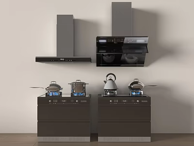 Modern Kitchen Appliances With Range Hoods Stovetops And Stainless Steel Kettles 3d model