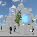 Contemporary Architectural Installation With White Cubes Large Screens Green Tree People And Blue Sky