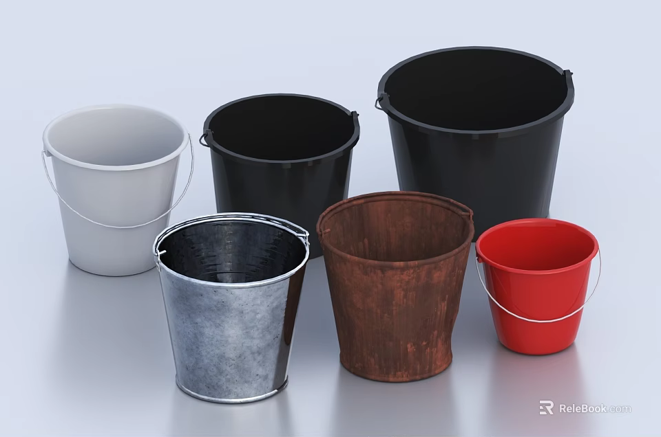 Assorted Laundry Daily Use Buckets in Various Colors and Materials for Home Cleaning 3d model 