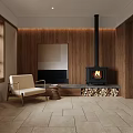 Hotel Public Lounge Area With Wooden Walls Stone Floor And Wall Mounted Lights