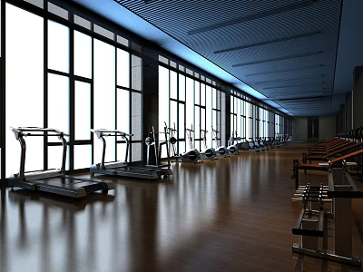 Spacious Gym With Fitness Equipment And Natural Light 3d model
