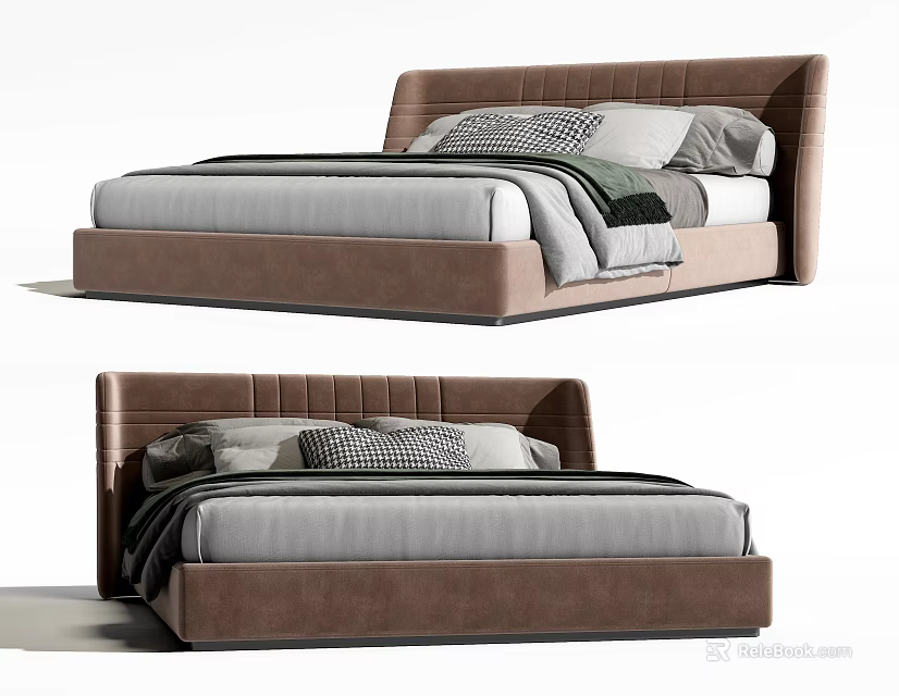Modern Double Bed With Brown Headboard Grey Bedding And Plaid Decorative Pillows 3d model