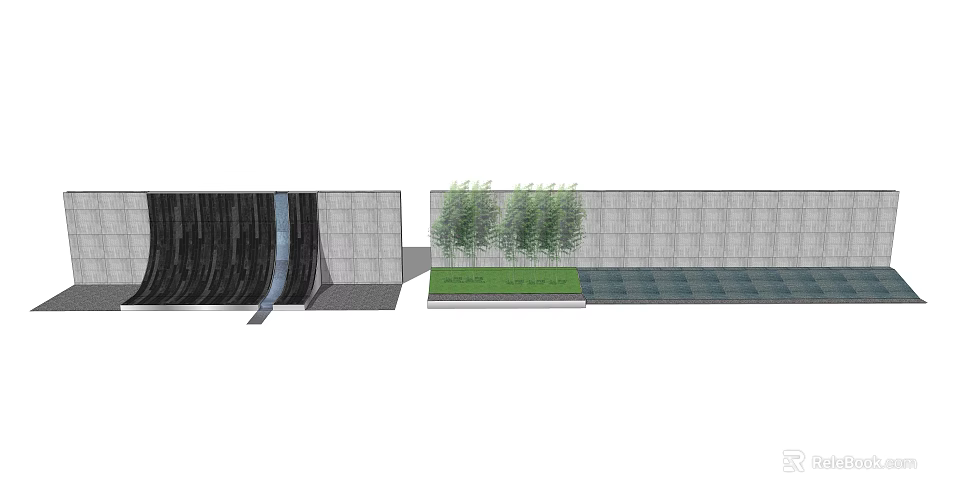 Contemporary Landscape Wall Design With Water Flow Wavy Texture Bamboo And Reflecting Pool 3d model 